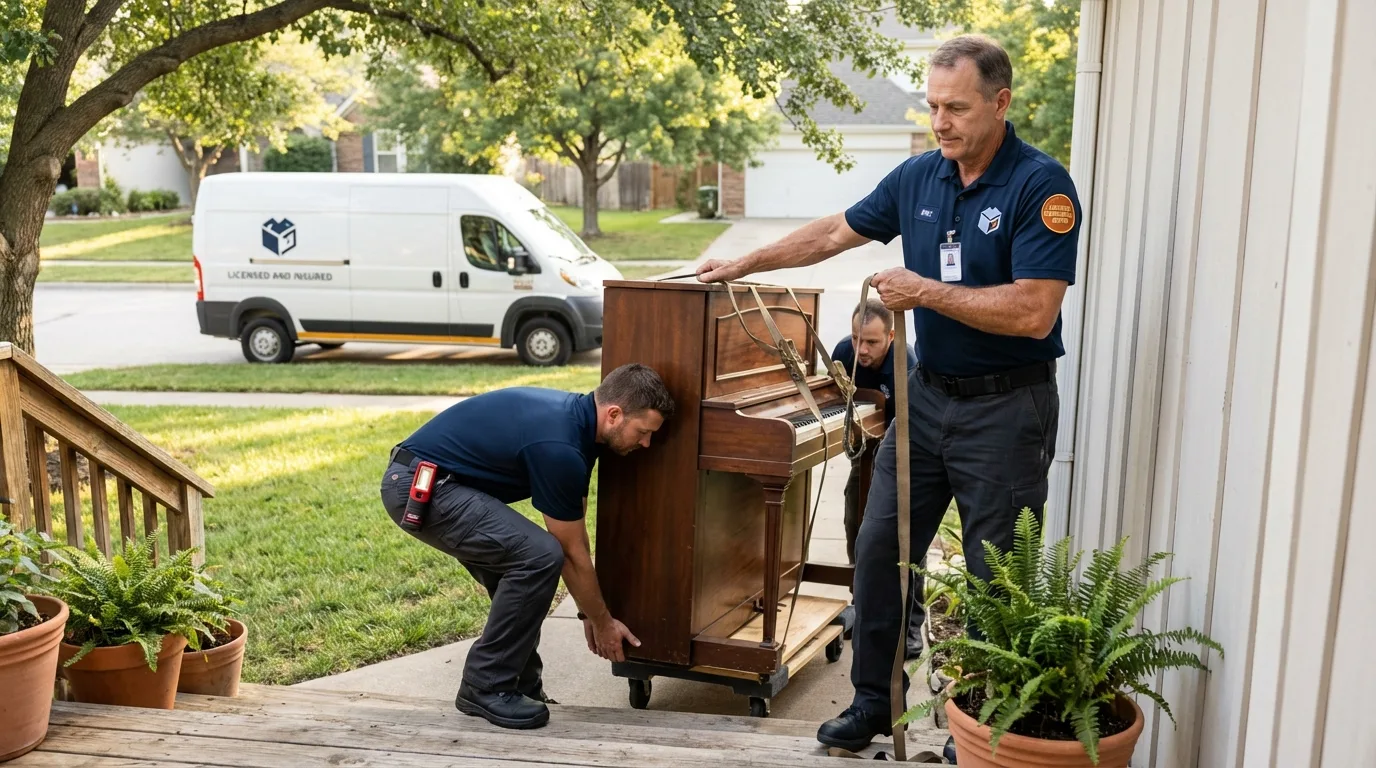 Licensed piano movers securing grand piano in East Sandwich, MA