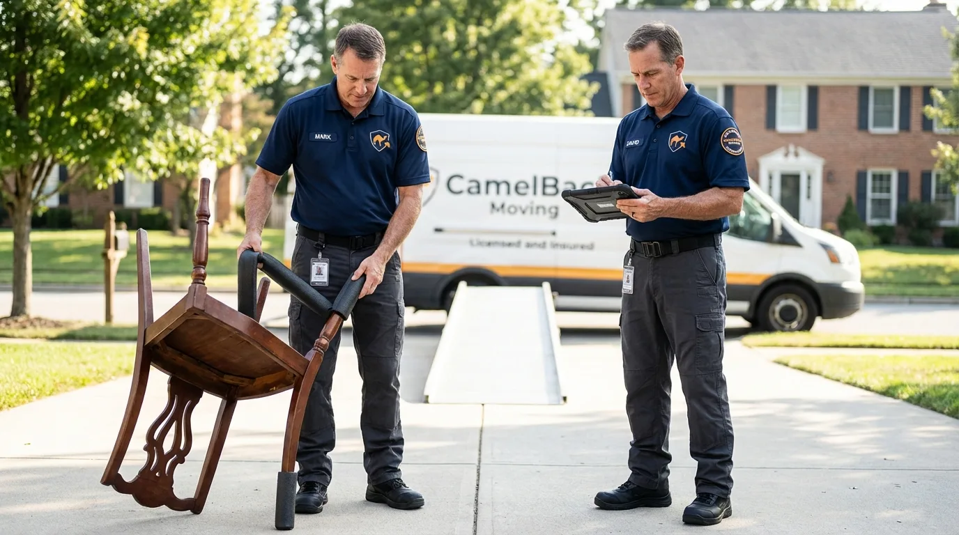 Movers inspecting furniture for damage prevention before loading in East Sandwich, MA