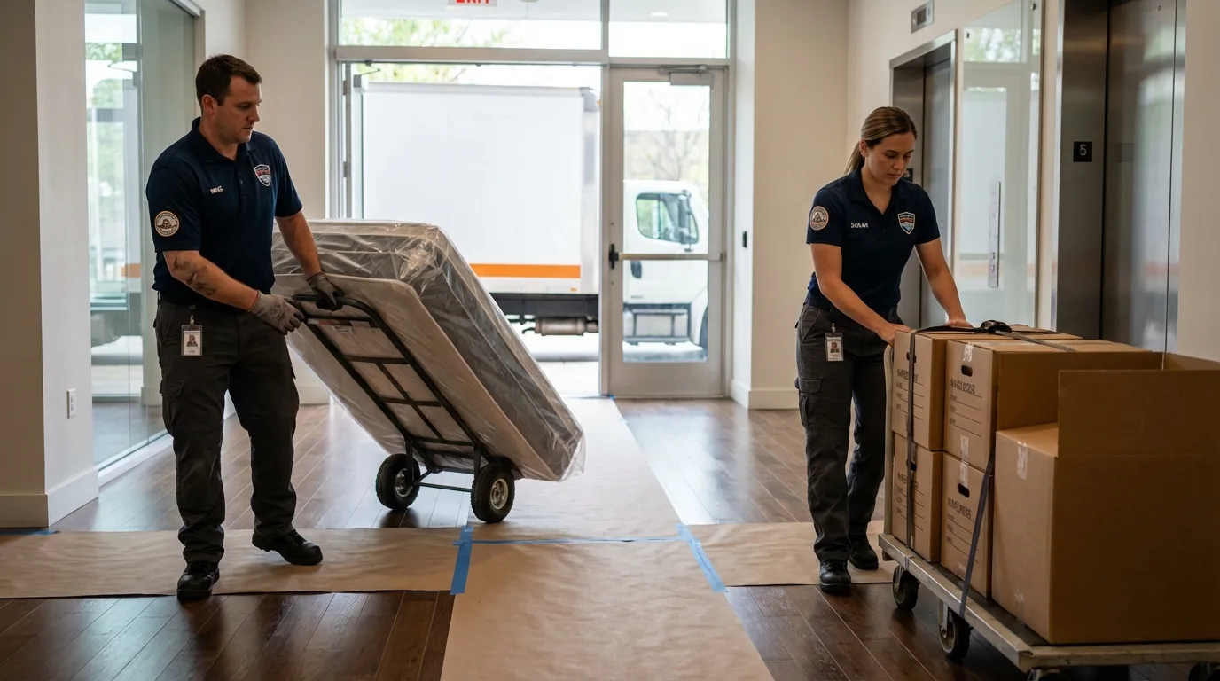 Professional apartment movers loading elevator in East Sandwich, MA