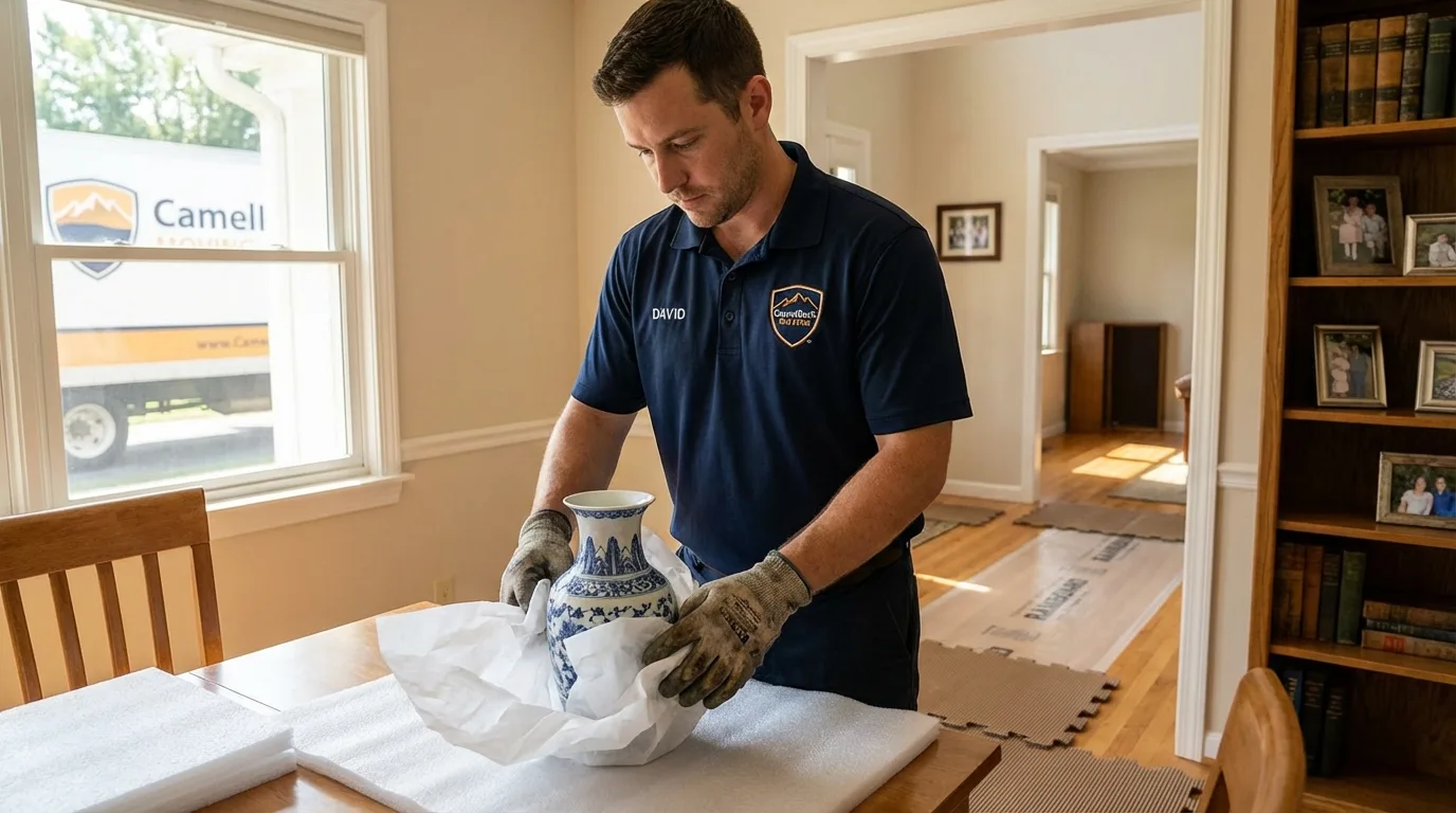 Professional crew carefully wrapping antique vase for senior downsizing move in East Sandwich, MA