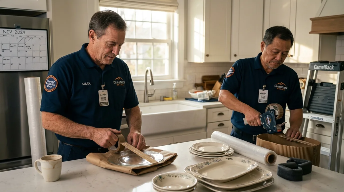 Professional crew packing kitchen dishware in East Sandwich, MA